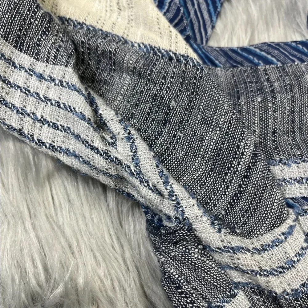 Free People All Lined Up Blue Multi Striped Puff Sleeve Mini Dress XS